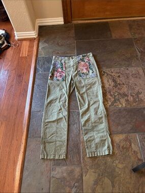 Anthropologie Olive Green Ankle Jeans with Floral Patch Pockets